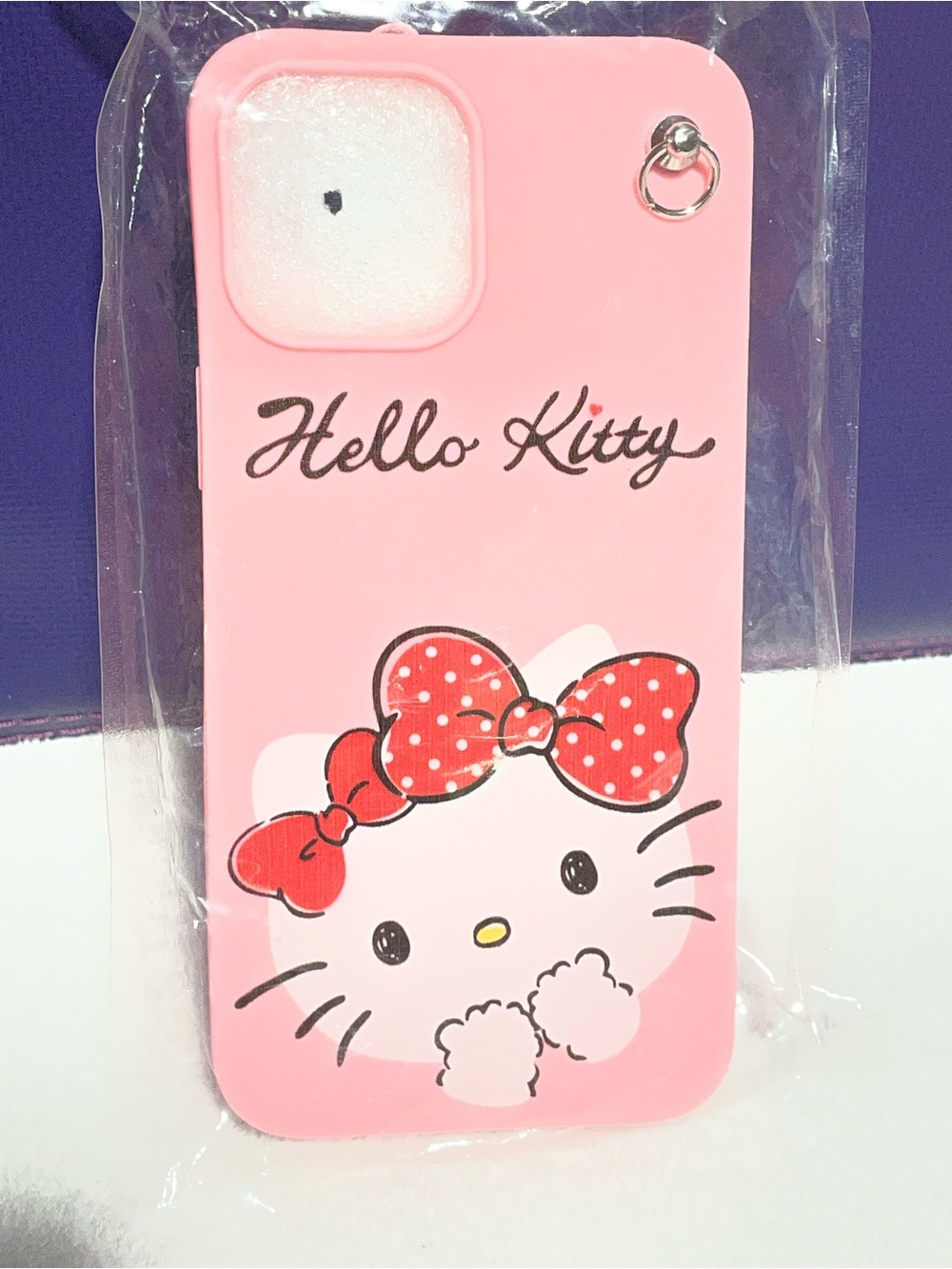 Hello Kitty Pink Silicone Phone Case with Red Polka Dot Bow and Silver Ring